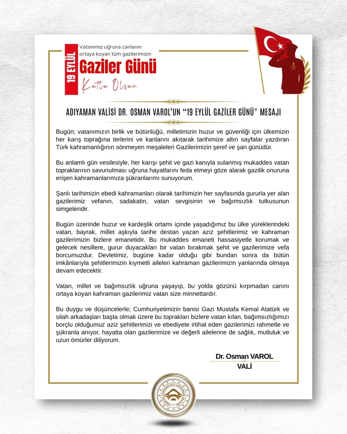 Adıyaman Valisi Sayın Dr. Osman Varol’un 