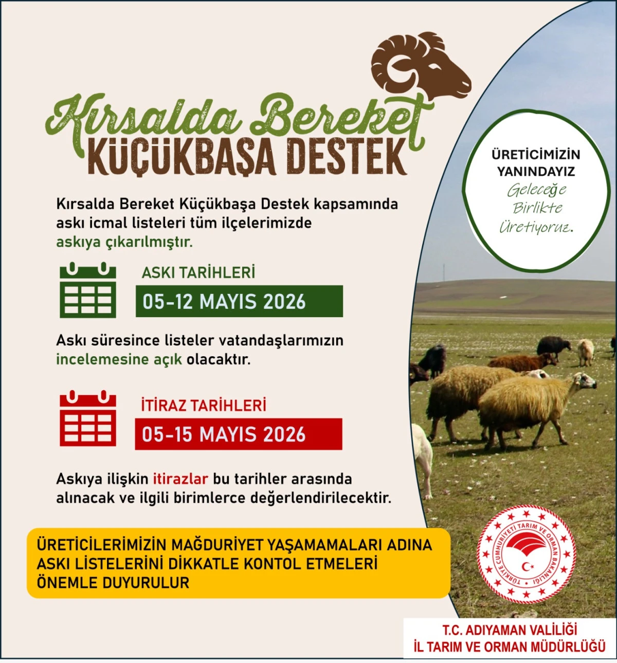 Adıyaman&rsquo;da &ldquo;Kırsalda Bereket K&uuml;&ccedil;&uuml;kbaşa Destek&rdquo; İ&ccedil;in Askı Listeleri Yayımlandı