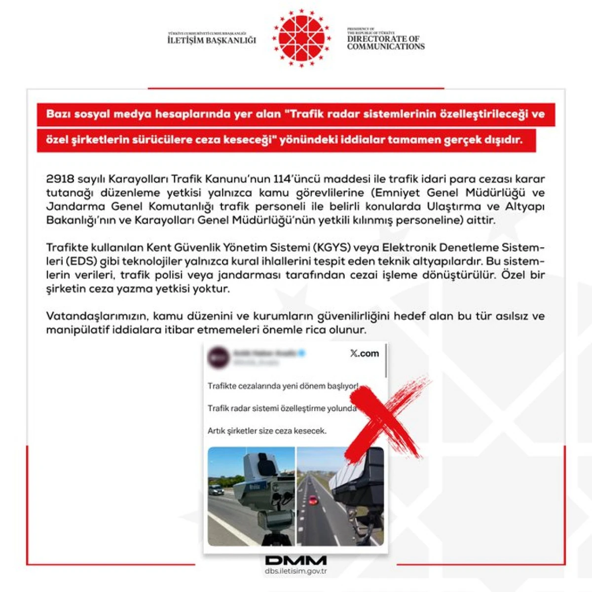 Dmm'den "Trafik Radarları &Ouml;zelleştiriliyor" İddialarına Yalanlama