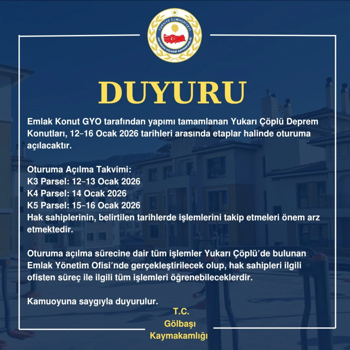 G&ouml;lbaşı&rsquo;nda Yukarı &Ccedil;&ouml;pl&uuml; Deprem Konutları Oturuma A&ccedil;ılıyor