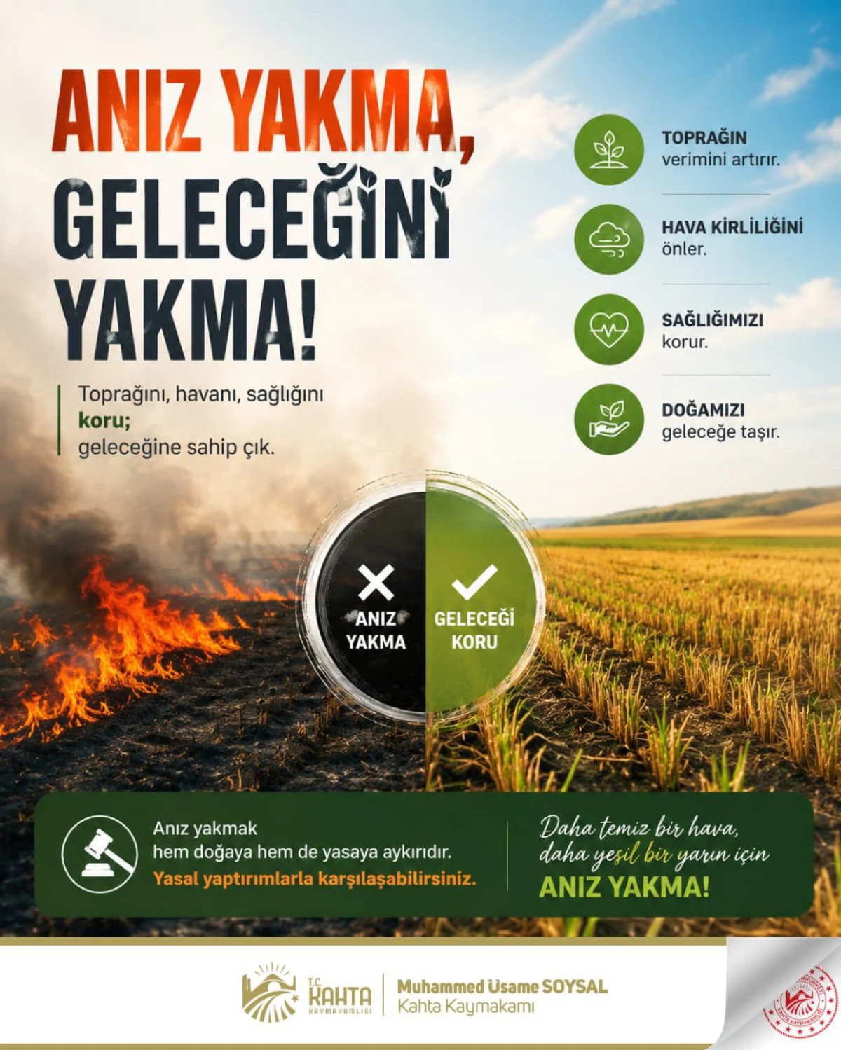 Kahta Kaymakamlığı&rsquo;ndan Anız Yakma Uyarısı: &ldquo;Geleceğimizi Koru&rdquo;
