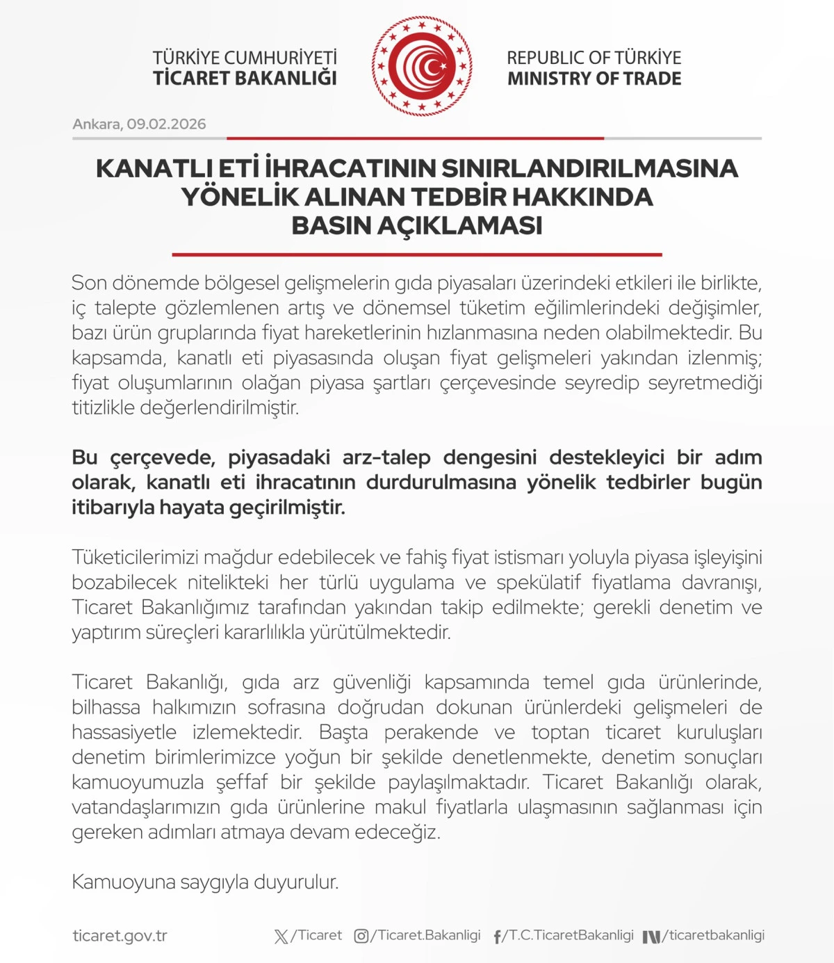 Kanatlı Eti İhracatı Durduruldu: Bakanlık Piyasa Dengesi İ&ccedil;in Adım Attı