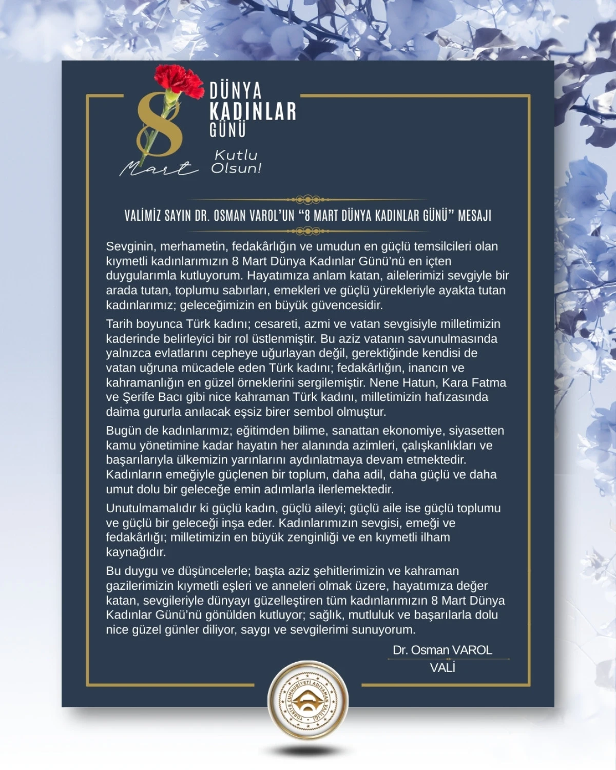 Vali Dr. Osman Varol&rsquo;un &ldquo;8 Mart D&uuml;nya Kadınlar G&uuml;n&uuml;&rdquo; Mesajı 
