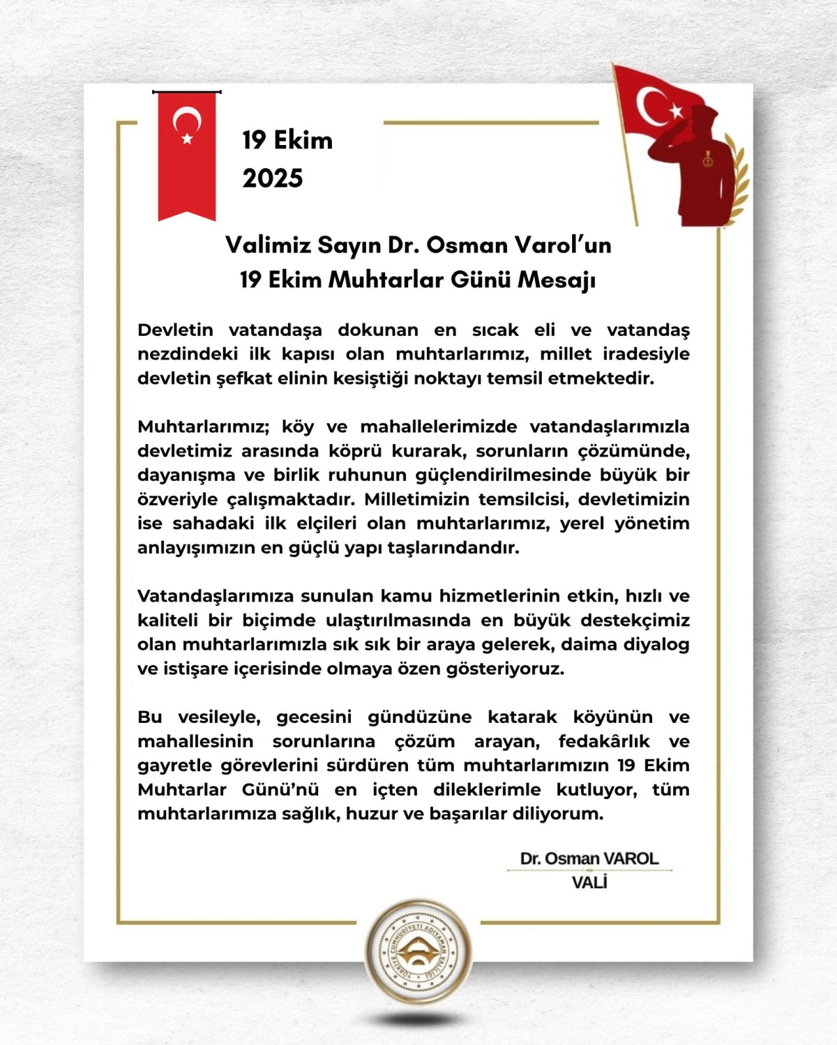 Vali Sayın. Dr. Osman Varol’un 19 Ekim Muhtarlar Günü Mesajı