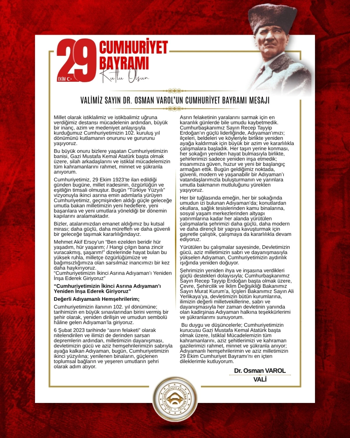 VALİ SAYIN DR. OSMAN VAROL’UN CUMHURİYET BAYRAMI MESAJI
