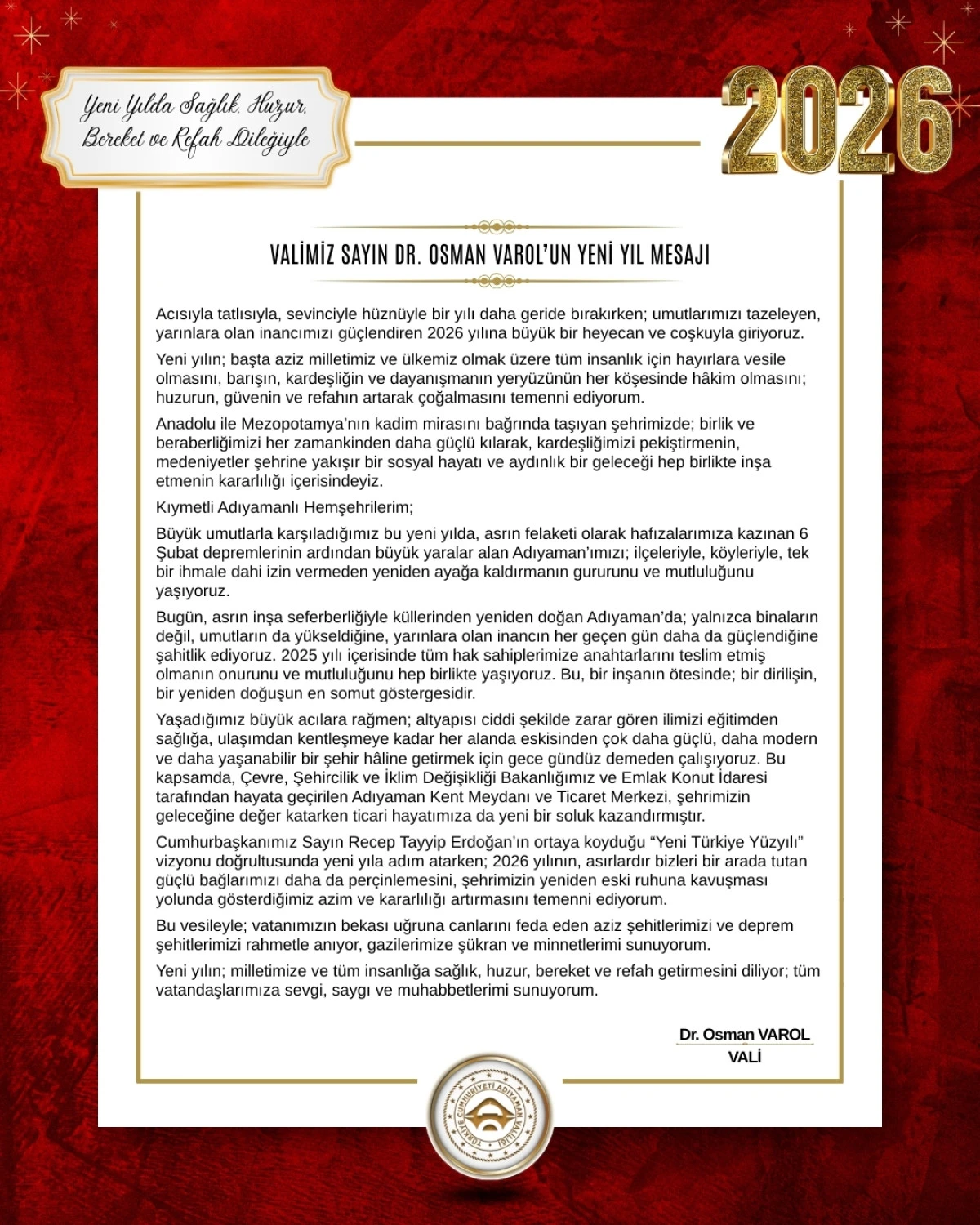 VALİ SAYIN DR. OSMAN VAROL&rsquo;UN YENİ YIL MESAJI